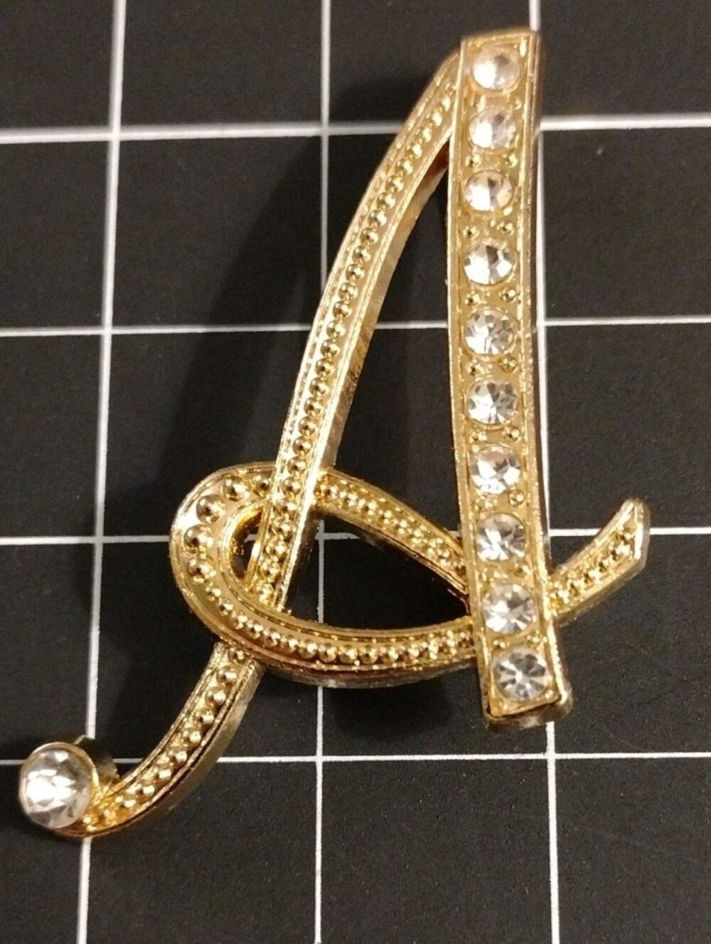 Gold Initial A Brooch Cursive Script Rhinestone Letter Pin Monogram Gift - Picture 4 of 4